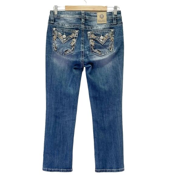 Miss Me Pearl & Feather Border Mid Rise Capri Jeans Cropped Straight Leg Size 27 - Picture 3 of 13